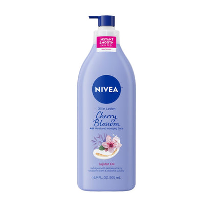 NIVEA Oil Infused Cherry Blossom and Jojoba Oil Body Lotion for Women, Fast-Absorbing and Non-Greasy Cherry Blossom Scented Lotion Moisturizes for 48 Hours, 16.9 Fl Oz Pump Bottle