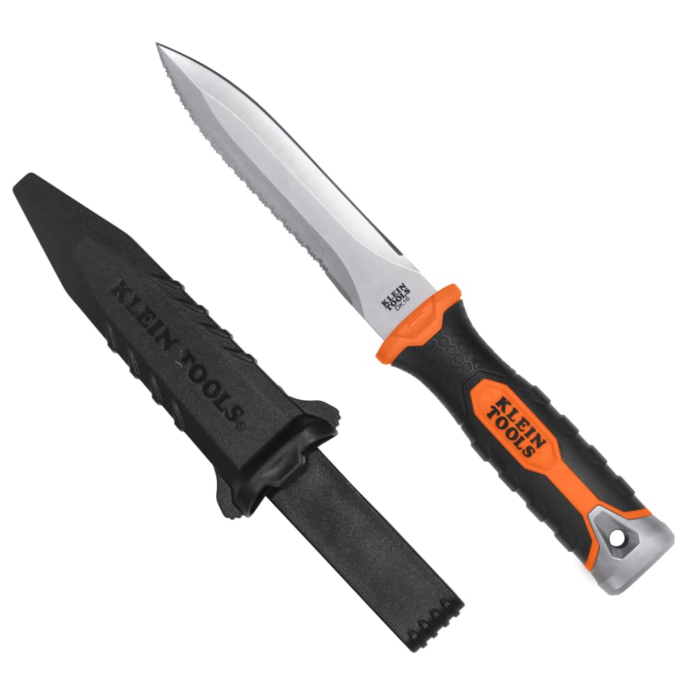 Buy now KLEIN TOOLS DK16 Double-Edged Duct Knife, Serrated Stainless Steel Blade, Designed for Duct Board and Insulation, Fixed Blade Knife with Sheath, 5-1/2-Inch at indiglob india