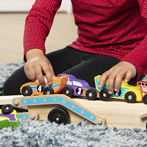 Buy now Melissa & Doug Mega Race-Car Carrier - Wooden Tractor and Trailer with 6 Unique Race Cars at indiglob india