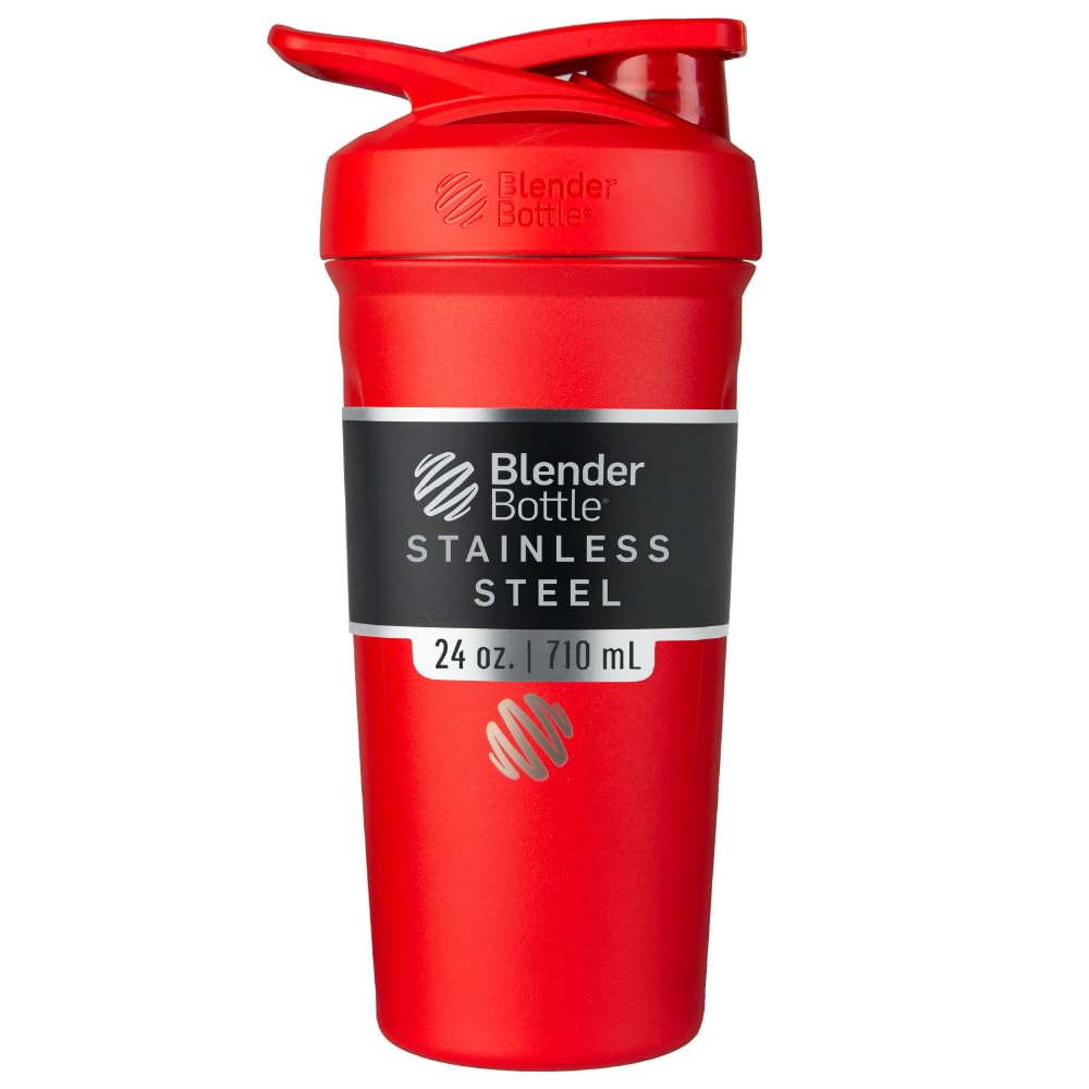 Buy now BlenderBottle Strada Shaker Cup Insulated Stainless Steel Water Bottle with Wire Whisk, 24-Ounce, Black Flip Red at indiglob india
