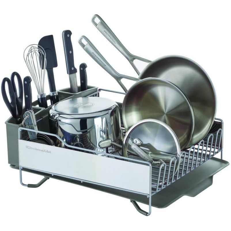 KitchenAid Large Capacity Full Size Rust Resistant Dish Rack with Angled Drain Board and Removable Flatware Caddy, Light Grey