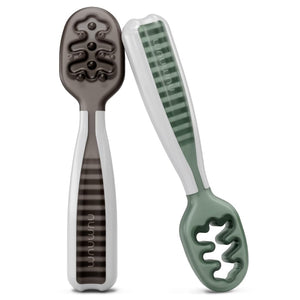 Buy now NumNum Baby Spoons Set, Baby Essentials Pre-Spoon GOOtensils for 6+ Months, First Stage Self-Feeding Spoons for Baby Led Weaning (BLW), Silicone Toddler Utensils, BPA-Free, 2 Pack Gray/Green at indiglob india