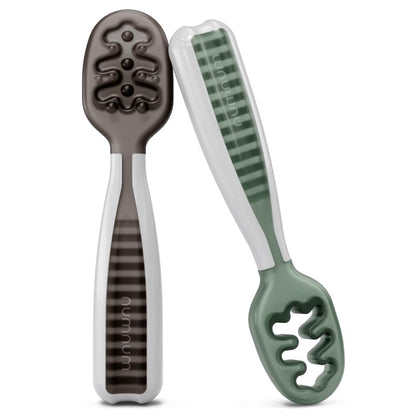 Buy now NumNum Baby Spoons Set, Baby Essentials Pre-Spoon GOOtensils for 6+ Months, First Stage Self-Feeding Spoons for Baby Led Weaning (BLW), Silicone Toddler Utensils, BPA-Free, 2 Pack Gray/Green at indiglob india