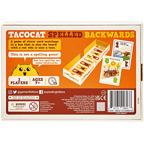 Buy now Exploding Kittens Tacocat Spelled Backwards 2 Players - Ages 7+ - 15 Minutes to Play - Clever Family Board Game - Couples Game, Family Game Night, Kid and Adult Board Game at indiglob india
