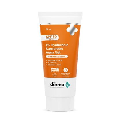 The Derma Co 1% Hyaluronic Sunscreen Aqua Gel with SPF 50 & PA++++ | Broad Spectrum UVA/B & Blue Light Protection | Suits Oily to Normal Skin | 2.82 Oz/80 g