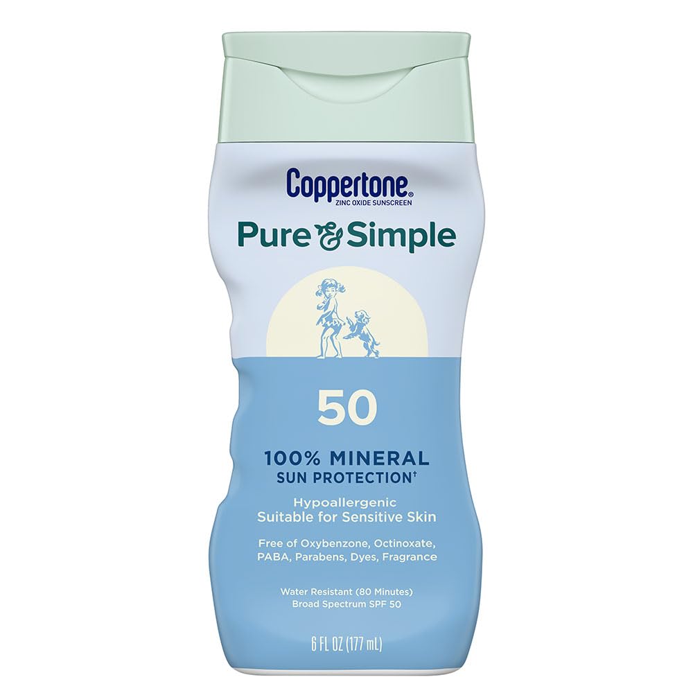 Coppertone Pure and Simple Zinc Oxide Mineral Sunscreen Lotion SPF 50, Water Resistant Sunscreen for Sensitive Skin, Hypoallergenic and Fragrance Free, 6 Fl Oz Bottle