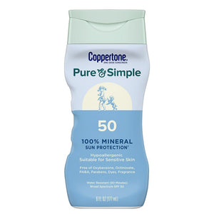 Coppertone Pure and Simple Zinc Oxide Mineral Sunscreen Lotion SPF 50, Water Resistant Sunscreen for Sensitive Skin, Hypoallergenic and Fragrance Free, 6 Fl Oz Bottle