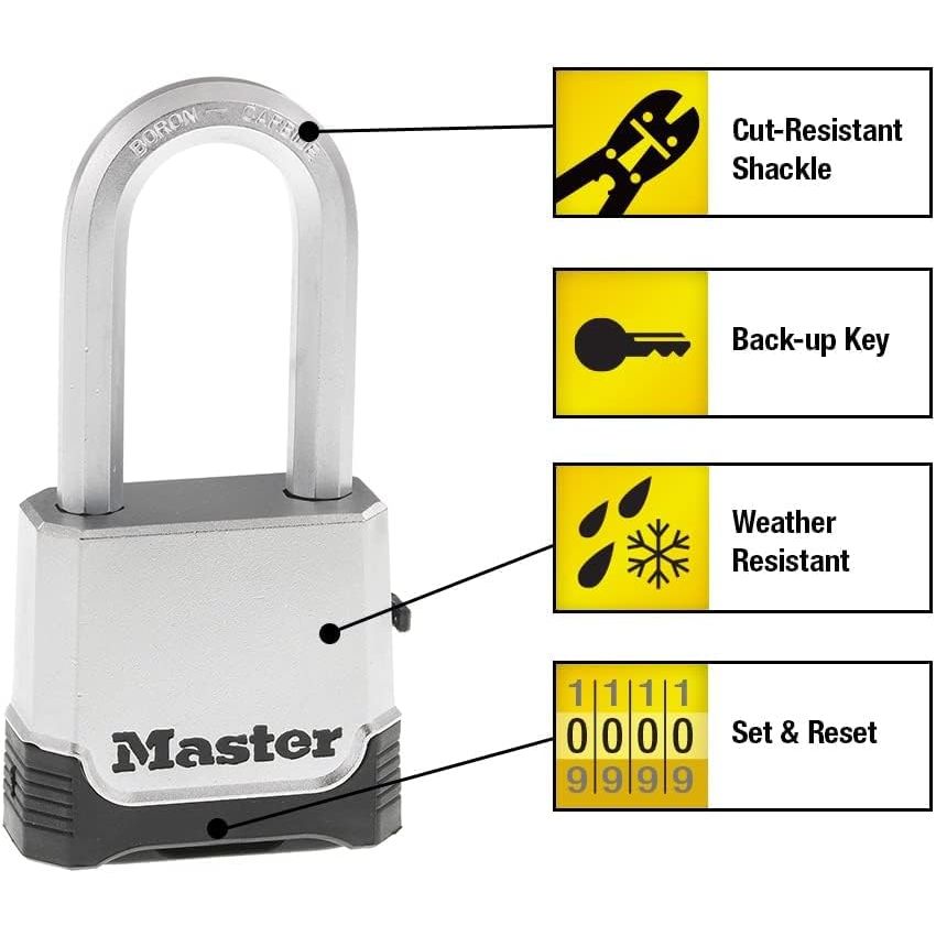 Buy now Master Lock Silver Outdoor Combination Lock, Heavy Duty Weather Resistant Padlock with Resettable Code and Cut Resistant Boron Carbide Shackle for Outdoor Use, M176XDLH at indiglob india