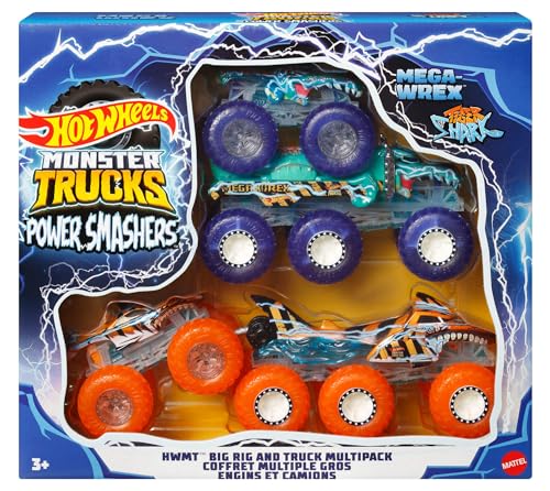 Buy now Hot Wheels Monster Trucks Multipack, 1:64 Scale Mega-Wrex & Tiger Shark Toy Trucks with Big Rigs in Matching Power Smashers Deco at indiglob india