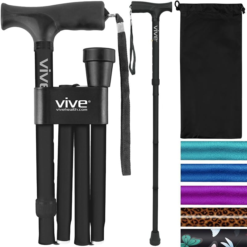 Vive Folding Cane - Foldable Walking Cane for Men, Women - Fold-up, Collapsible, Lightweight, Adjustable, Portable Hand Walking Stick - Balancing Mobility Aid - Comfortable Ergonomic Handle