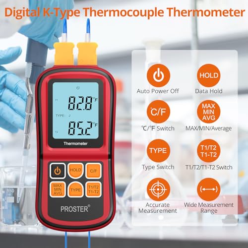 Buy now Proster Digital Thermocouple Temperature Thermometer Dual Channel - with Two K-Type Thermocouple Probe, Backlight LCD Thermometer for K J T E R S N Type at indiglob india
