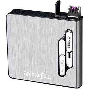 Full Pack 20 Regular Cigarettes Case Box Automatic Ejection Holder with Dual Arc Lighter USB Rechargeable, Flameless, Windproof,Moisture-Proof,Silver
