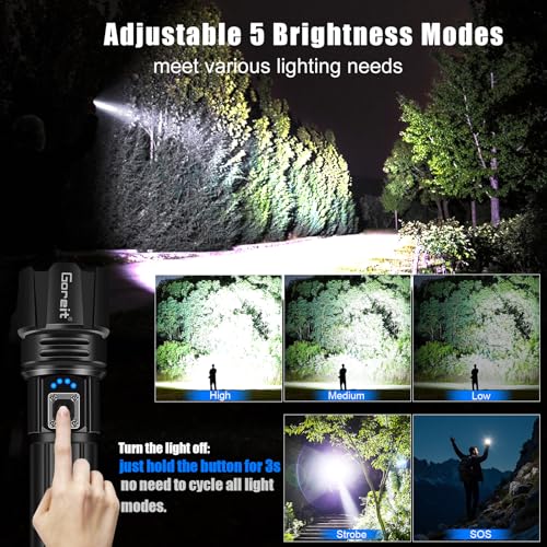 Buy now Goreit Super Bright LED Flashlight - 30W Output for 20000 Lumens & 3937ft Beam, USB-C Rechargeable with 12H Runtime, IP67 Waterproof Powerful Handheld Linternas for Home, Camping, Hiking, Emergency at indiglob india