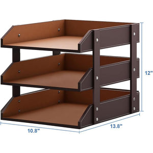 Leather Desk Organizer, Thipoten 3-Tier Stackable Letter Tray Holder for Office Supplies, Paper, File, Magazine, Perfect Office Organization for Desktop (Brown-3Tiers)