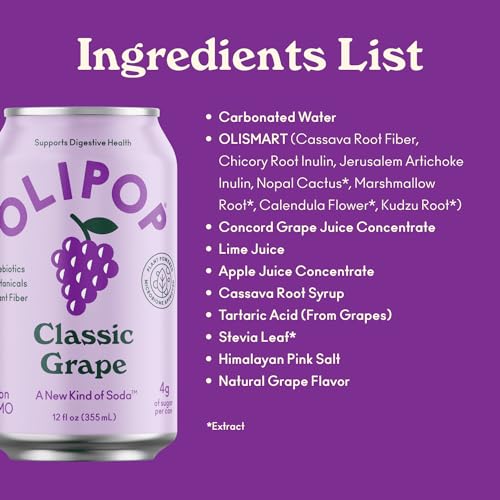 Buy now OLIPOP - Classic Grape Sparkling Tonic, Healthy Soda, Prebiotic Soft Drink, Aids Digestive Health & Immune Health, High in Plant Fiber, Caffeine Free, Low Calorie, Low Sugar 12 oz at indiglob india
