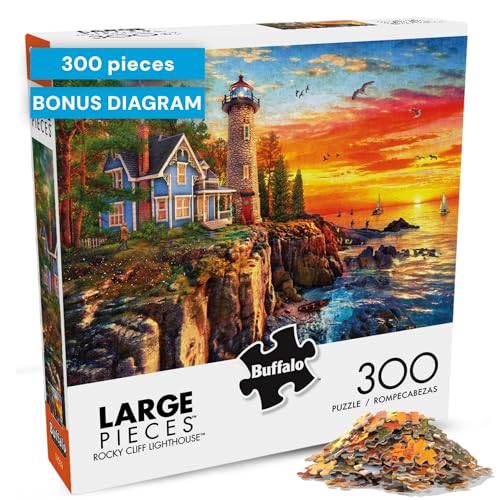 Buy now Buffalo Games - Rocky Cliff Lighthouse - Dominic Davison - 300 Piece Jigsaw Puzzle for Adults, Large Oversized Pieces, Scenic Coastal Puzzle, Challenging and Relaxing, Finished Size 21.25 x 15.00 at indiglob india