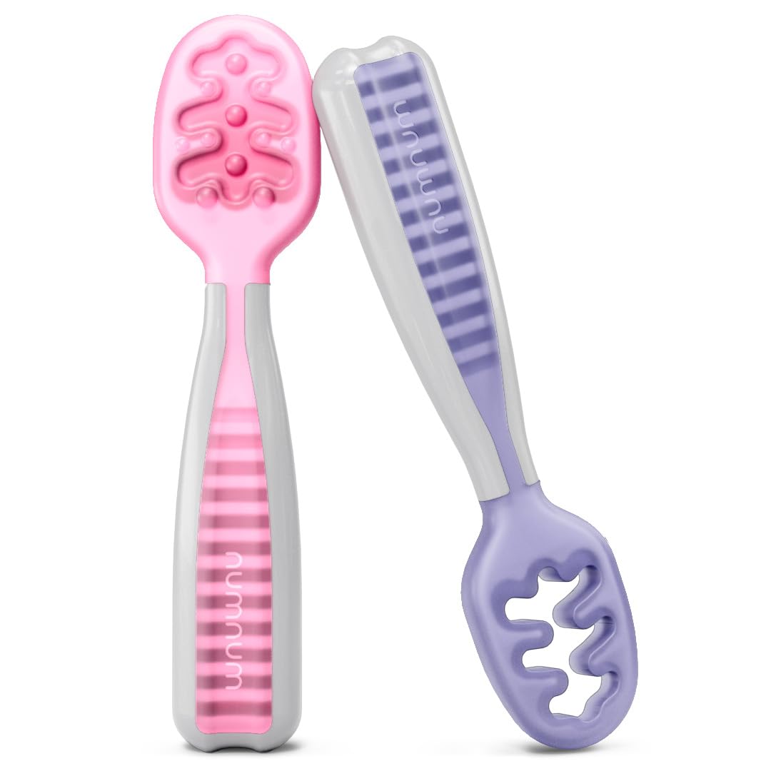 Buy now NumNum Baby Spoons Set, Baby Essentials Pre-Spoon GOOtensils for 6+ Months, First Stage Self-Feeding Spoons for Baby Led Weaning (BLW), Silicone Toddler Utensils, BPA-Free, 2 Pack Gray/Green 09 - Purple Pink 2 Spoons at indiglob india