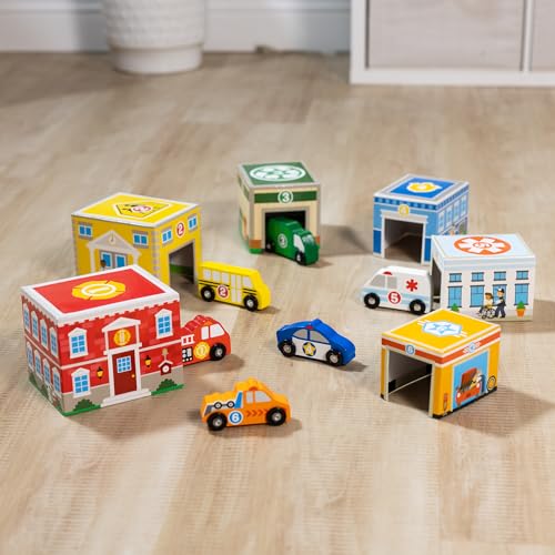 Buy now Melissa & Doug Nesting and Sorting Blocks - 6 Buildings, 6 Wooden Vehicles - FSC Certified at indiglob india