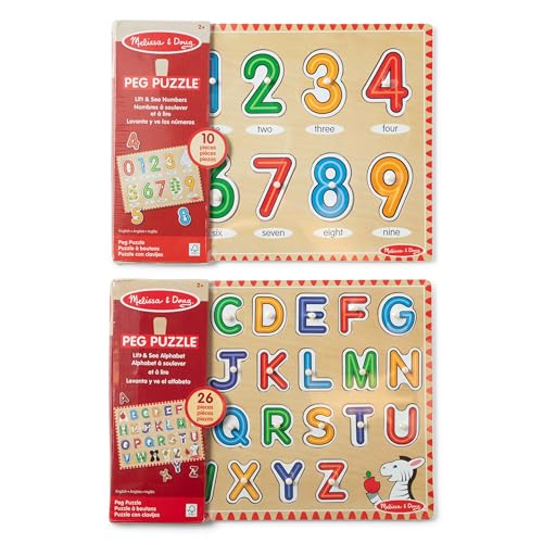 Buy now Melissa & Doug Wooden Lift & See Peg Puzzle Early Learning 2-Pack for Girls and Boys ƒ?? Alphabet, Numbers at indiglob india