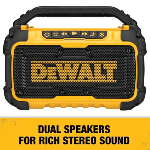 Buy now DEWALT 20V MAX Bluetooth Speaker, 100 ft Range, Durable for Jobsites, Phone Holder Included, Lasts 8-10 Hours with Single Charge (DCR010) at indiglob india
