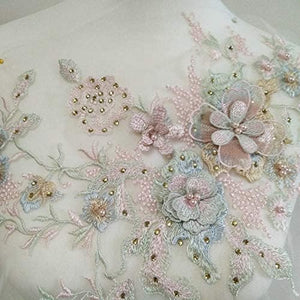 3D Embroidered Patches Nail Bead Tulle Applique Flower Patch for Clothing Wedding Dress Lace Fabric DIY Decoration(Pink1)