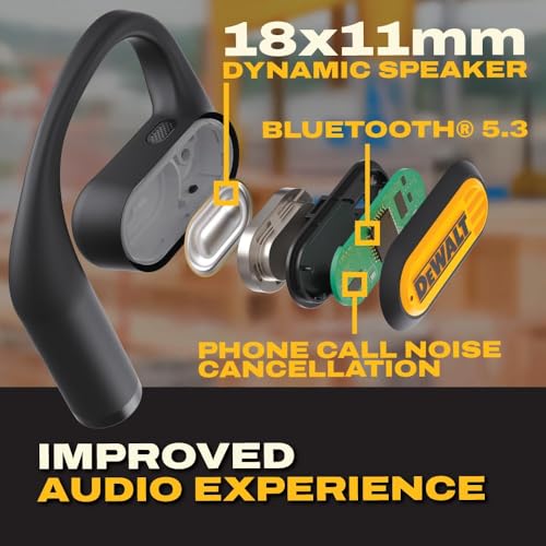 Buy now DEWALT Heavy Duty Open Ear Headphones, Bluetooth 5.3 Wireless Earbuds IP55, 44Hrs Runtime, Jobsite Premium Sound True Wireless Air Conduction Open Ear Earbuds with Earhooks for Worksites and Workouts at indiglob india