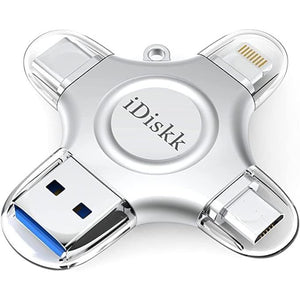 MFi Certified iDiskk 128GB Flash Drive for iPhone 17 16 iPad USB 3.0 Lightning Drive 4 in 1 Multi Functional External Storage for iOS and Android Samsung Phones Type c Devices and MacBook Photo Drive