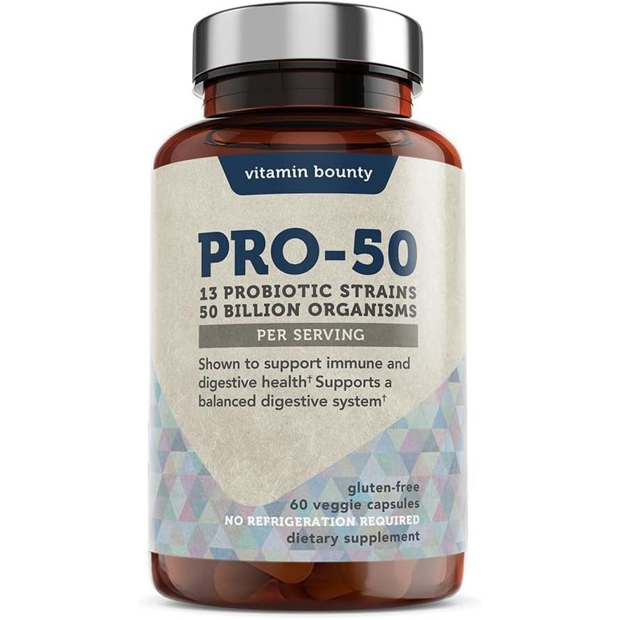 Vitamin Bounty Pro-50 Probiotics 50 Billion CFU for Women & Men - 13 Multi Strain Probiotic + Prebiotic - Digestive Health Supplements for Gut Health Support - Delayed Release Capsules for Men & Women