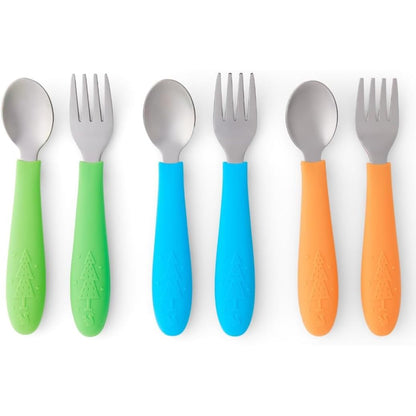 Elk and Friends Kids Silverware with Silicone Handle | Childrens Safe Flatware | Toddler Utensils | Baby Spoons + Forks | Stainless Steel Cutlery