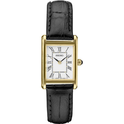 SEIKO Essentials Watch for Women - Essentials - Water Resistant with Stainless Steel Rectangular Case and Leather Strap