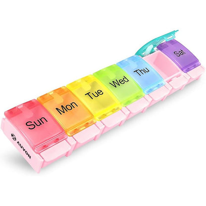 AUVON Weekly Pill Organizer Arthritis Friendly, BPA Free Travel 7 Day Pill Box Case with Spring Open Design and Large Compartment to Hold Vitamins, Cod Liver Oil, Supplements and Medication