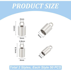 UNICRAFTALE 100pcs 2 Sizes 3mm/4mm Barrel Cord Ends 304 Stainless Steel End Caps Leather Cord Ends Terminators End Tip Bead Caps for Leather Cord Bracelets Jewelry Making