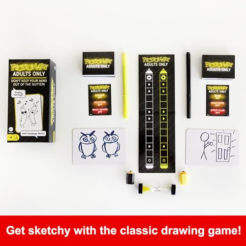 Buy now Mattel Games Pictionary Adults Only Party Drawing Game with Silly Sketches & NSFW Clue Cards, Boards, Markers & Sand Timer at indiglob india