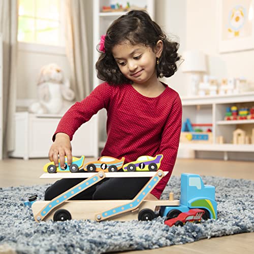 Buy now Melissa & Doug Mega Race-Car Carrier - Wooden Tractor and Trailer with 6 Unique Race Cars at indiglob india