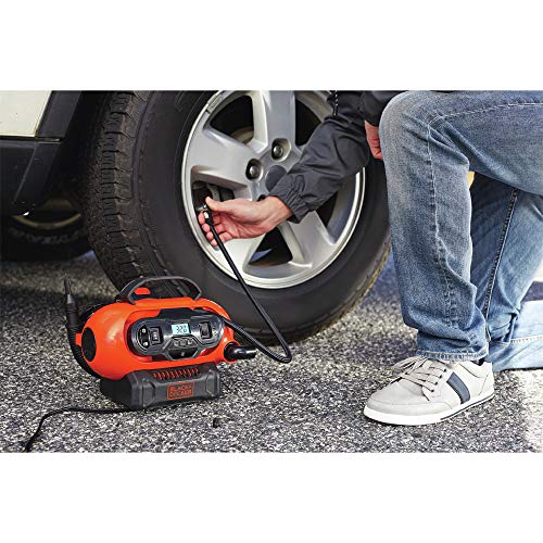 Buy now BLACK+DECKER Tire Inflator Portable Air Compressor, Air Pump for Inflatables, 3 Modes: Electric Outlet, 12V Car Adapter and Cordless 20V MAX, Battery Sold Separately (BDINF20C) at indiglob india