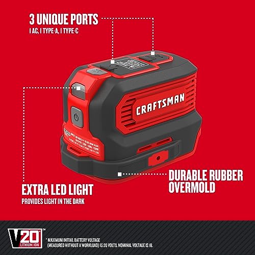 Buy now CRAFTSMAN V20 Charger, Power Inverter, Charging Ports for Type-C, Type-A, and AC, 150 Watts, Bare Tool Only (CMCB1150B) at indiglob india