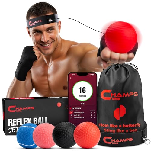 Buy now Champs MMA Boxing Reflex Ball Set with Punch Counter App | 4 Balls with Varying Weights, Headband & 4 Spare Strings to Improve Speed, Hand Eye Coordination Training | Boxing Equipment, MMA Gear Gift at indiglob india