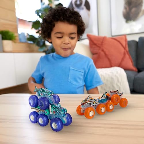 Buy now Hot Wheels Monster Trucks Multipack, 1:64 Scale Mega-Wrex & Tiger Shark Toy Trucks with Big Rigs in Matching Power Smashers Deco at indiglob india