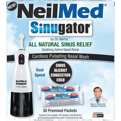 NeilMed Sinugator Cordless Pulsating Nasal Wash Kit with One Irrigator, 30 Premixed Packets and 3 AA Batteries(Pack of 1)