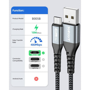 SUNGUY Micro USB Cable 1FT[3Pack], 18W Short USB to Micro USB Cable Fast Charging USB 2.0 Data Sync Nylon Braided for Samsung Galaxy S7 Edge S6, Android Phone, PS4