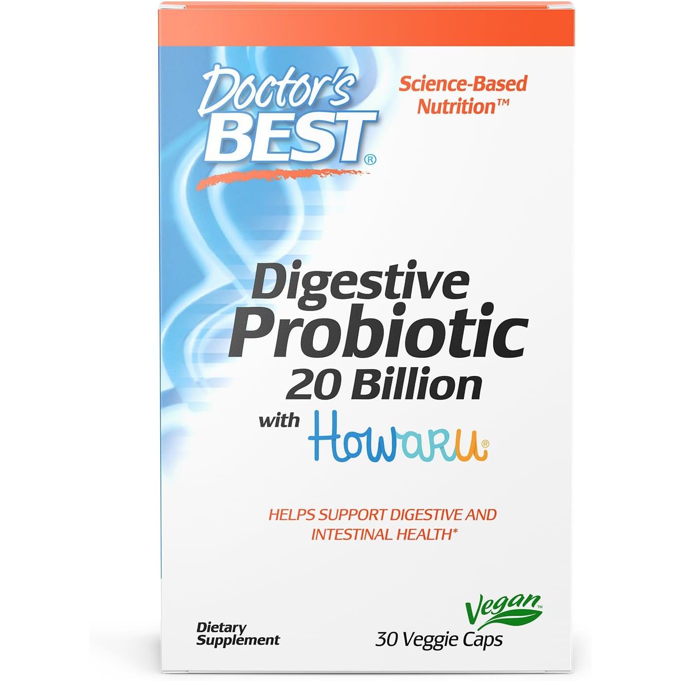 Doctors Best Digestive Probiotic 20 Billion CFU with Howaru, Supports Digestive & Intestinal Health, Non-GMO, Gluten Free, Vegan 30 Veggie Caps