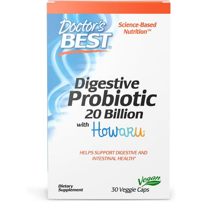 Doctors Best Digestive Probiotic 20 Billion CFU with Howaru, Supports Digestive & Intestinal Health, Non-GMO, Gluten Free, Vegan 30 Veggie Caps