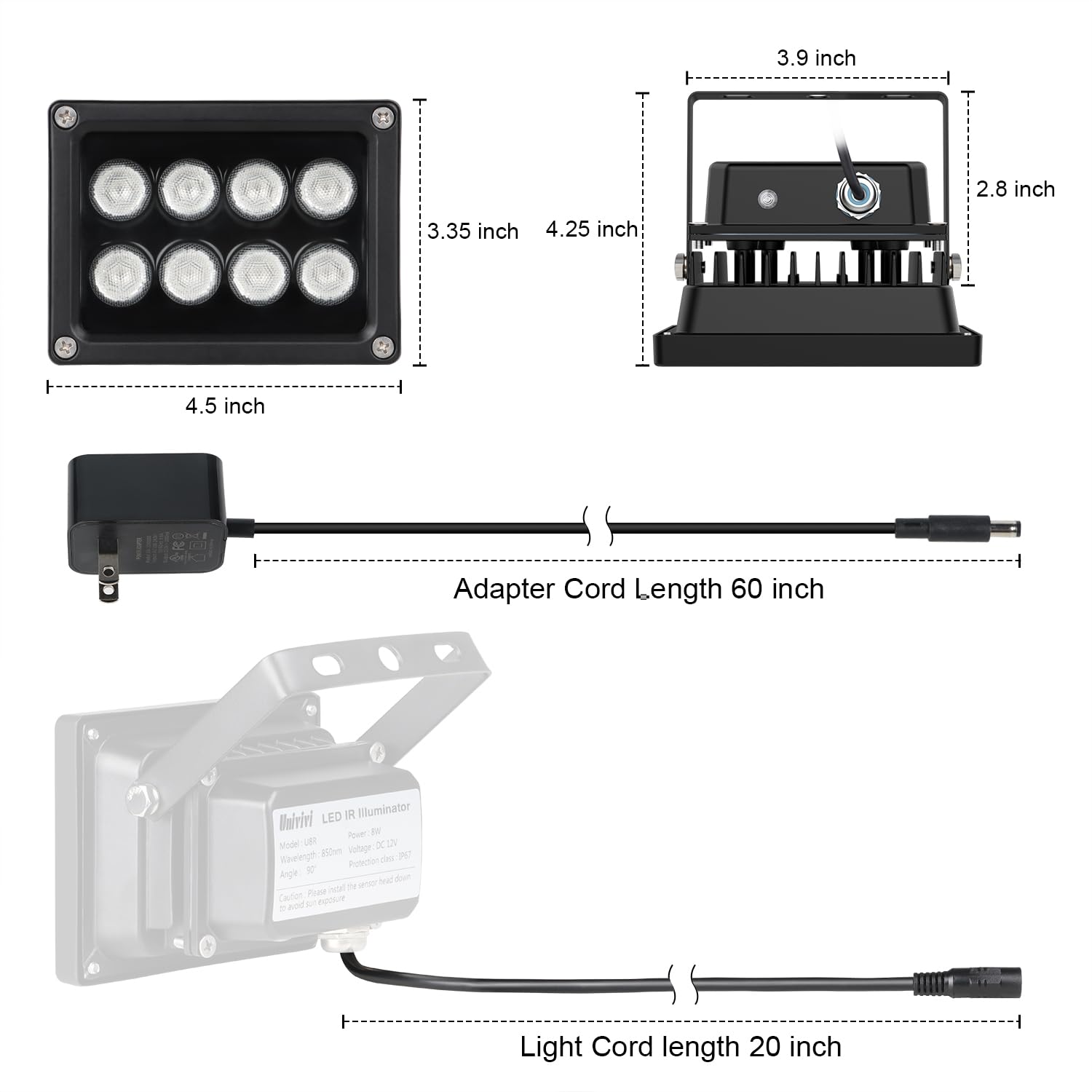 Buy now Univivi IR Illuminator 90 Degree Wide Angle 8-LEDs IR Infrared Light 850nm Infrared Illuminator for Night Vision IP67 Waterproof Outdoor for Security Cameras at indiglob india