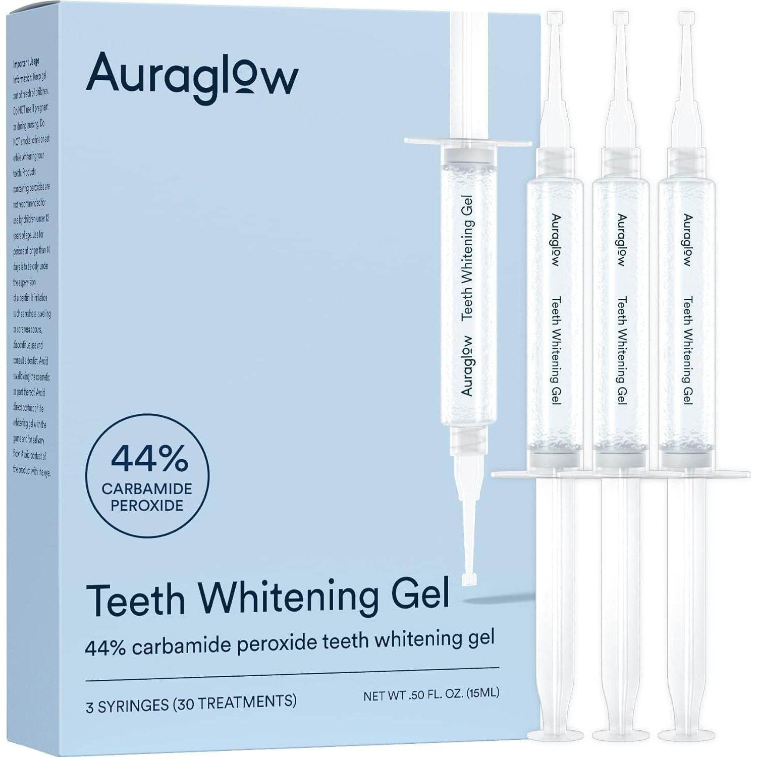Auraglow 44% Teeth Whitening Gel Syringe Refill Pack, 44% Carbamide Peroxide, (3X) 5ml Syringes, 30 Whitening Treatments - My Store
