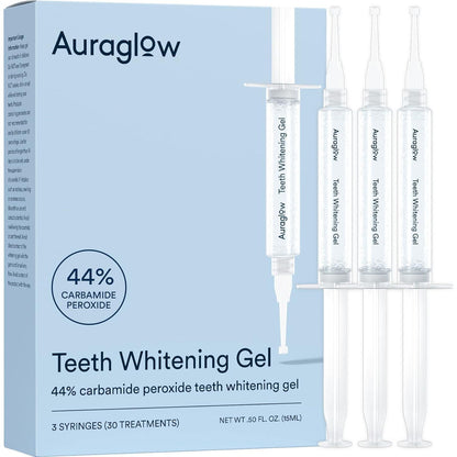 Auraglow 44% Teeth Whitening Gel Syringe Refill Pack, 44% Carbamide Peroxide, (3X) 5ml Syringes, 30 Whitening Treatments