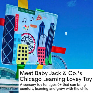 Baby Jack & Co 8x8” Learning Lovey Chicago Illinois Tag Toys for Babies - Baby Crinkle Toys - Soft & Safe - Learn USA Cities and Shapes - Ideal Baby Toy & Gift BPA Free w/Stroller Clip