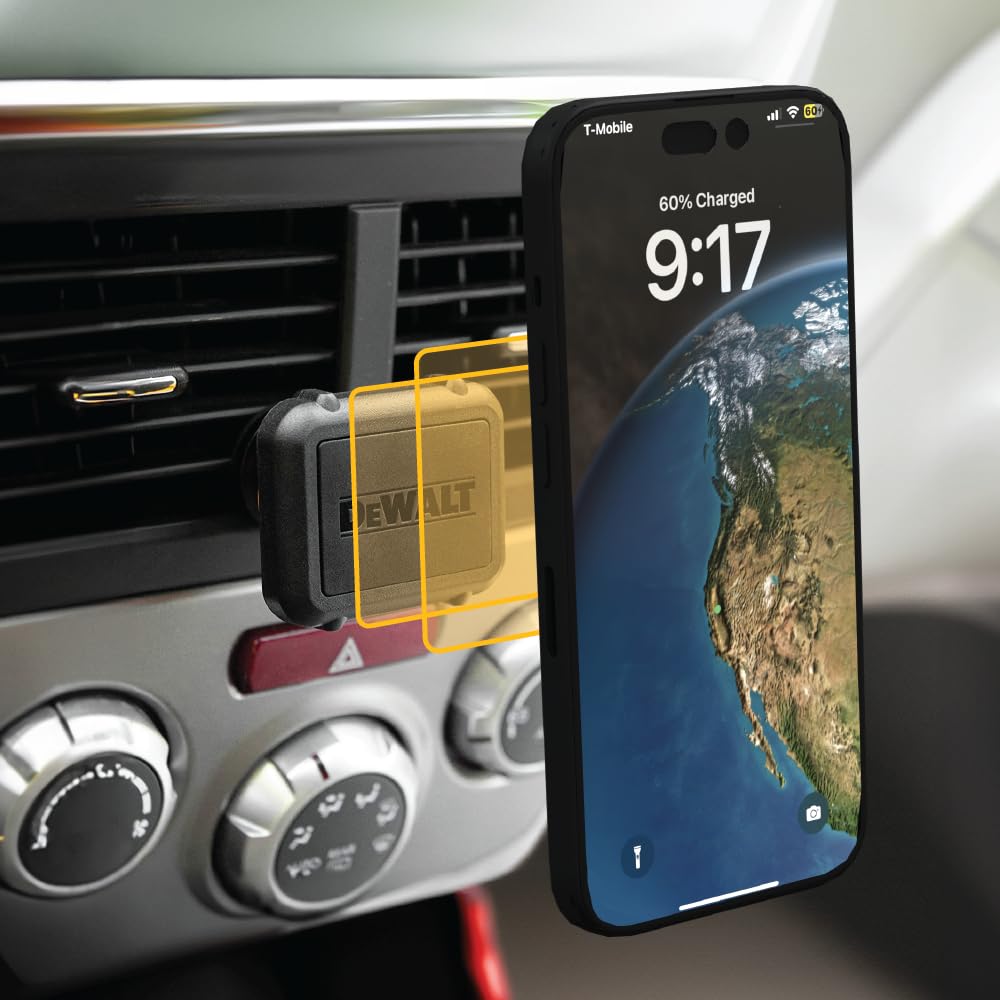 Buy now DEWALT Heavy Duty Magnetic Phone Holder for Car, Universal Air Vent Magnetic Car Phone Holder, Reinforced Automobile Mount for Mobile Devices and Mini Tablets, Incl Metal Plates for NonMagSafe Devices at indiglob india