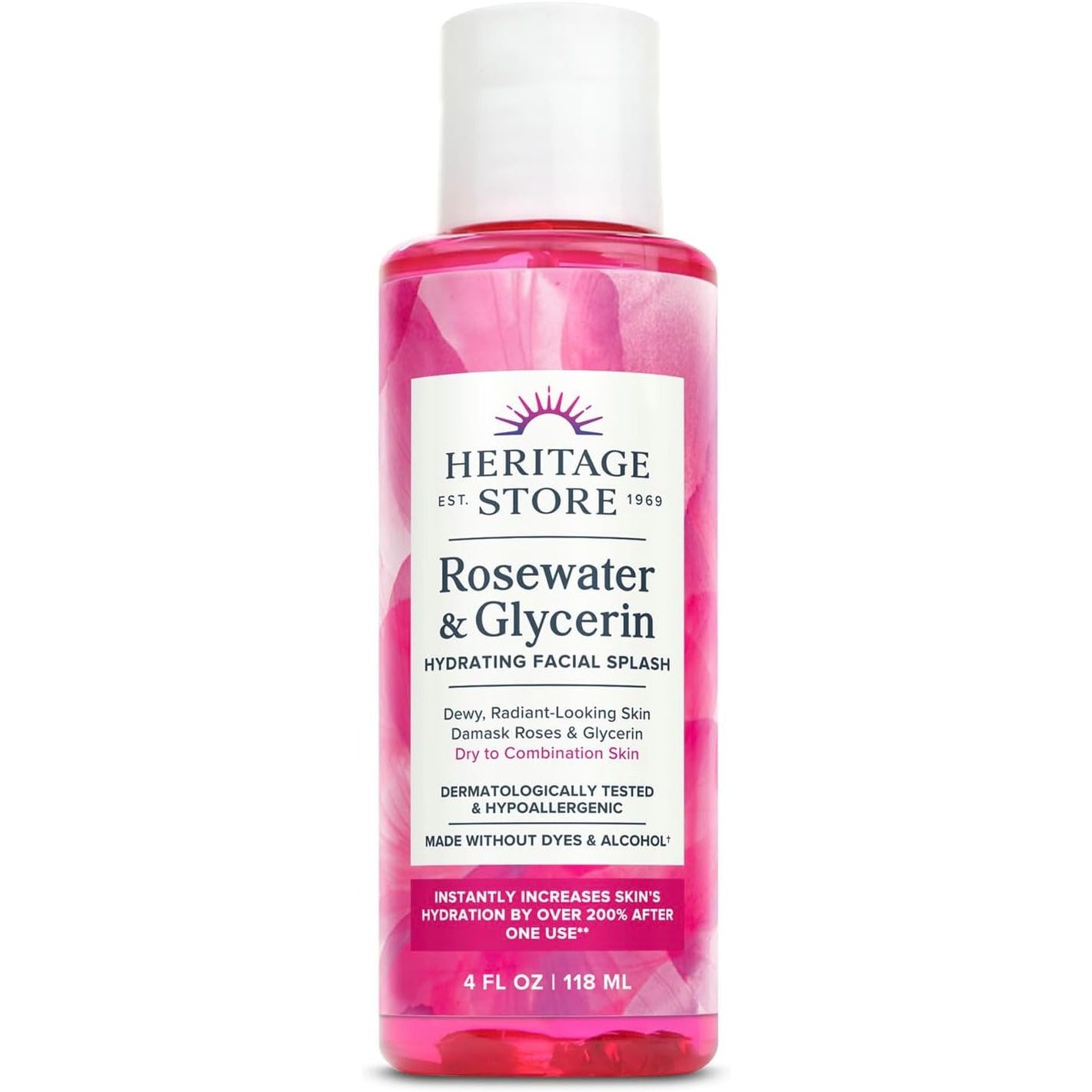 HERITAGE STORE Rosewater & Glycerin Hydrating Facial Splash - Dry Combination Skin Care - Rose Water with Vegetable Glycerine - Made w/out Dyes or Alcohol, Hypoallergenic, Vegan, 60-Day Guarantee, 4oz
