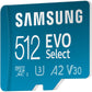 SAMSUNG EVO Select Micro SD-Memory-Card + Adapter, 512GB microSDXC 130MB/s Full HD & 4K UHD, UHS-I, U3, A2, V30, Expanded Storage for Android Smartphones, Tablets, Nintendo-Switch (MB-ME512KA/AM)
