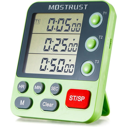 Digital Dual Kitchen Timer for Cooking, 3 Channels Count Down/up Triple Multi Timers for Food, Magnetic Memory-Preset Large-Display Adjustable Alarm Volume, 3A Battery Included